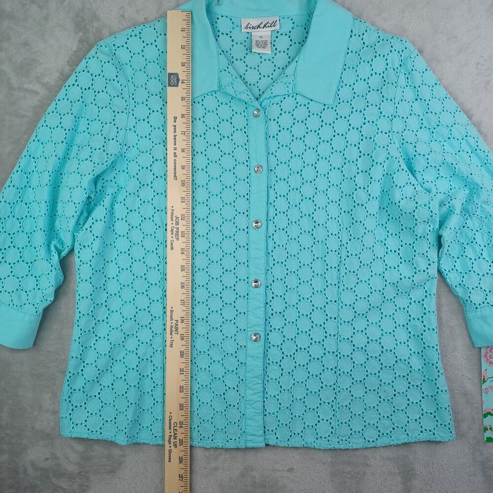 Birch Hill Women Embroidered Eyelet Button Up Top XL Aqua Cotton Resort Beach - Picture 7 of 10
